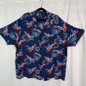 Vintage George USA Blue Fireworks Eagle Flag Print Button Up Shirt 3XL